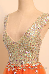 Gorgeous V Neck Open Back Orange Short Semi Formal Prom Dresses Homecoming Dresses, Short Orange Formal Evening Dresses